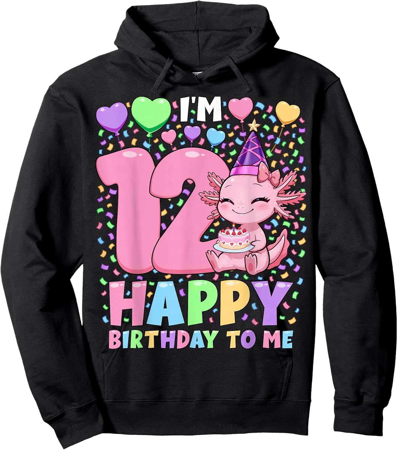 Girls Axolotl Birthday Shirt | 12 Years Old Birthday Axolotl Hoodie - Hoodie | Black
