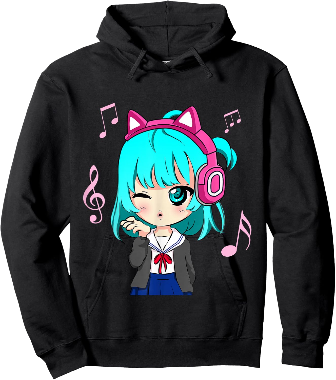 Anime and Music Girl for Teen Chibi Graphic Anime Girl Small Hoodie - Hoodie | Black