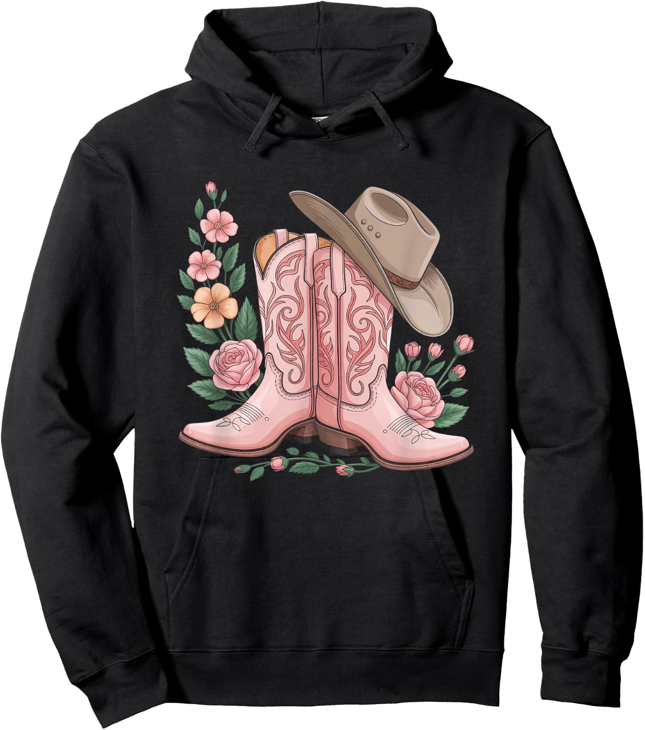Cowboy Boot Western Country Cowgirl Flowers Girl Pink Woman Hoodie - Hoodie | Black