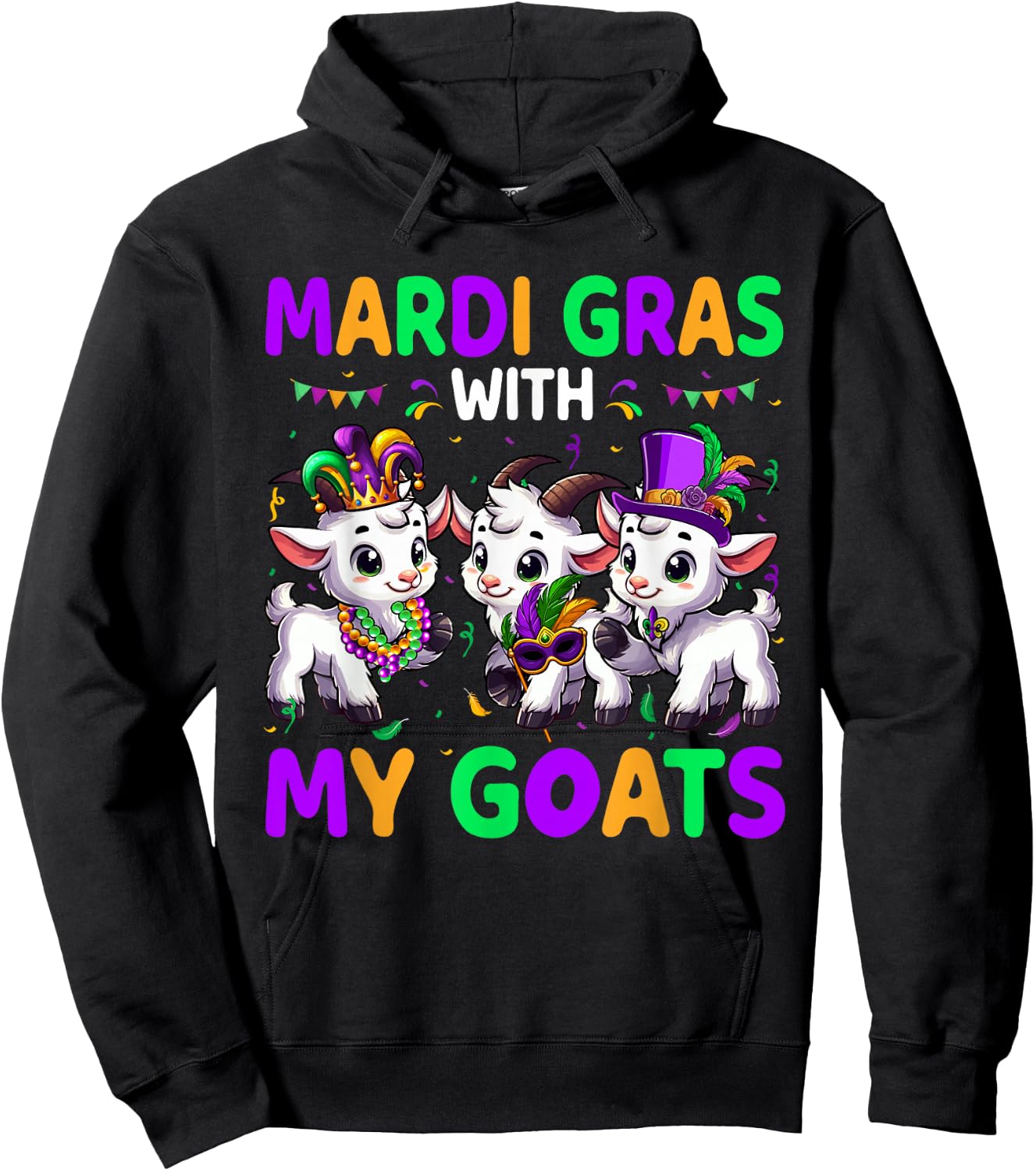 Mardi Gras With My Goats Three Cute Goats Masked Beads Hoodie - Hoodie | Black