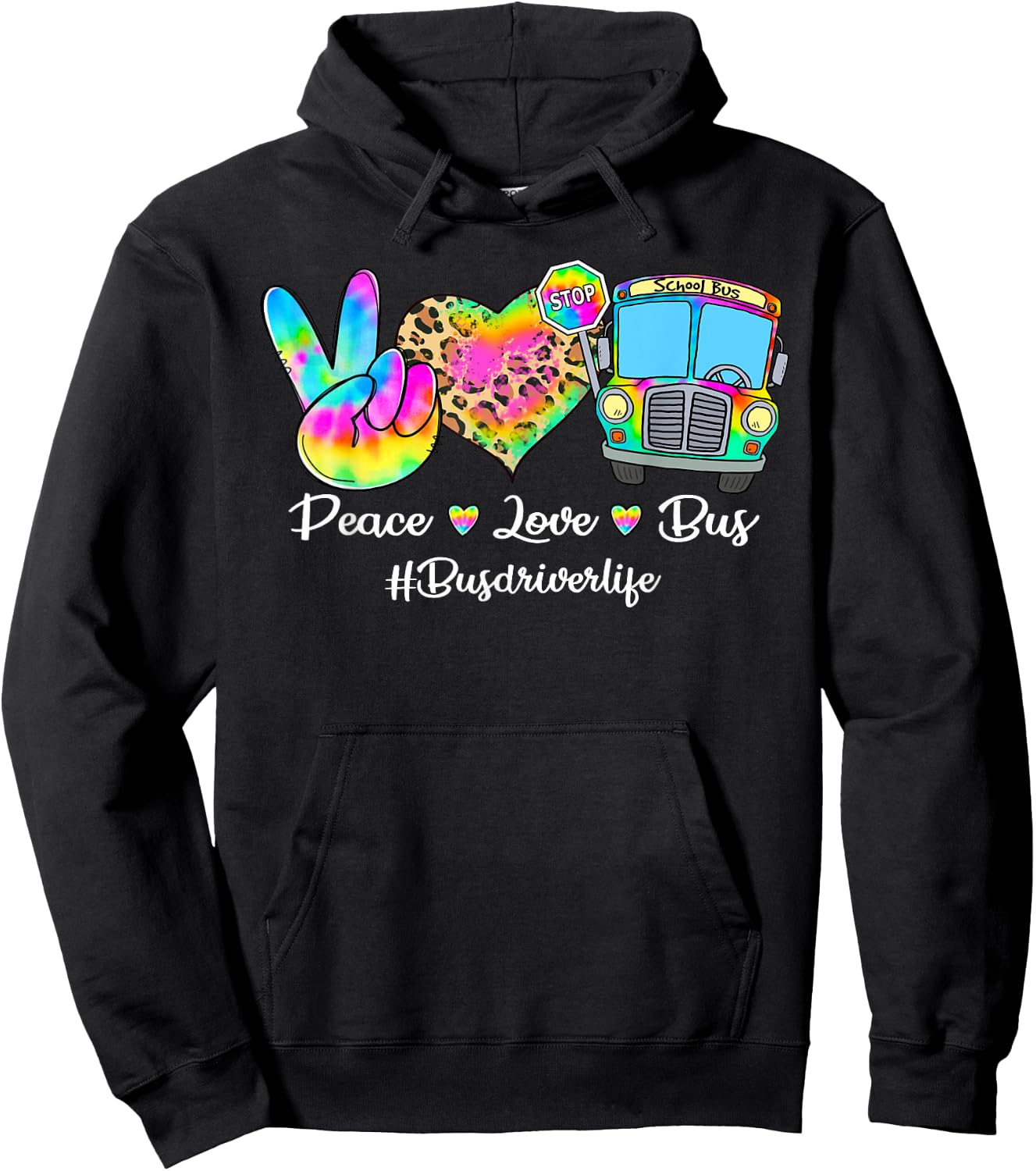 Peace Love Bus Tie Dye Leopard Bus Driver Life Gifts Hoodie - Hoodie | Black
