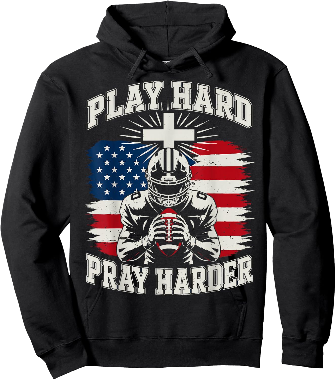 Youth Christian Football Play Hard Pray Harder American Flag Hoodie - Hoodie | Black