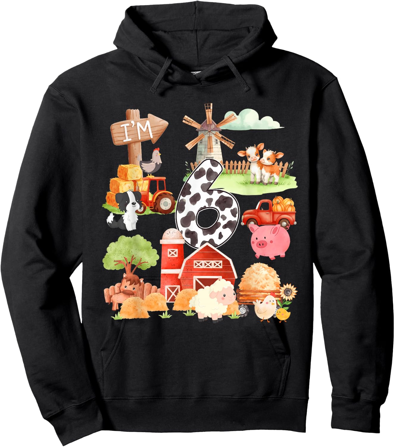 6 Year Old Farmer Lover 6th Birthday Farm Animals Theme Hoodie - Hoodie | Black