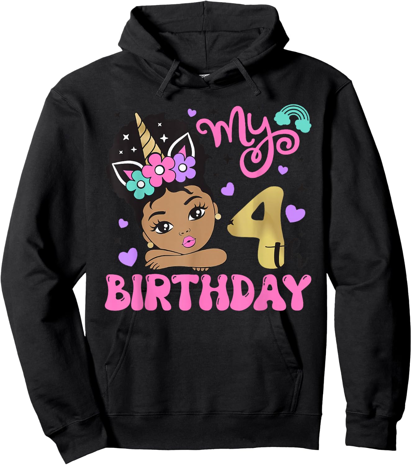It's My 4th Birthday Black Girl 4 Years Old Melanin Kids Hoodie - Hoodie | Black