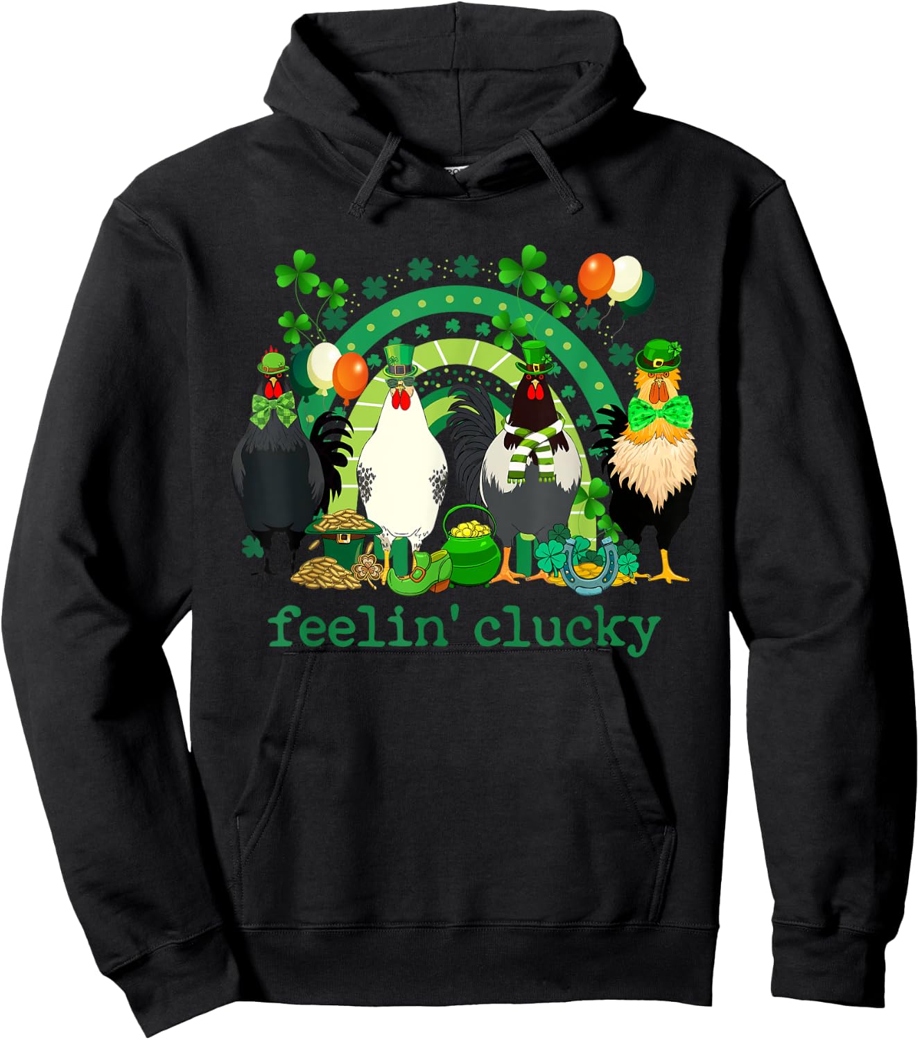 Feeling Clucky Chicken Rainbow Funny St Patrick Day Shamrock Hoodie - Hoodie | Black