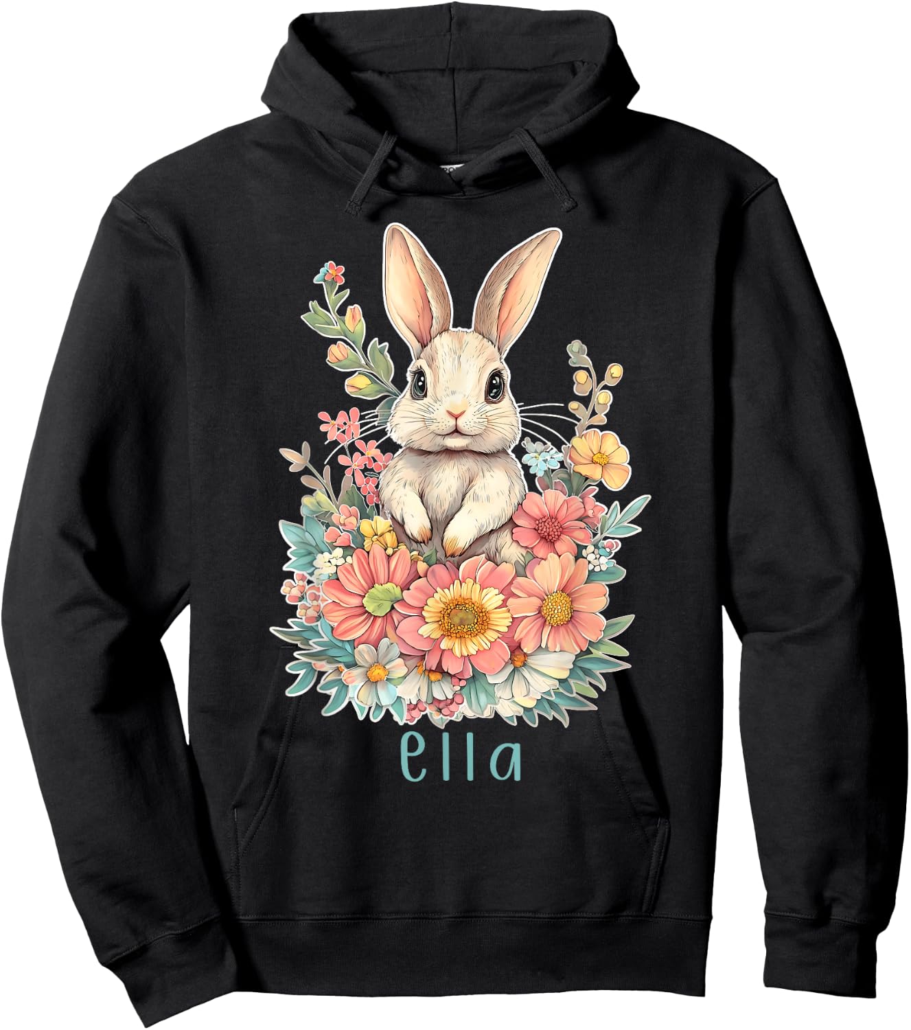First Name Ella Cute Bunny Flowers Personalized Girl Hoodie - Hoodie | Black