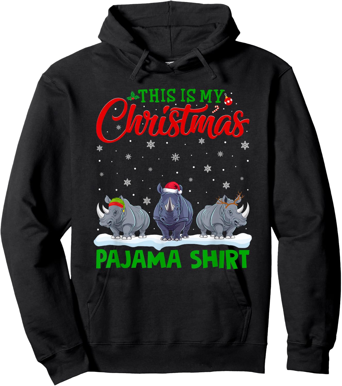 Xmas Santa Hat Reindeer Rhino Christmas Pajama Hoodie - Hoodie | Black