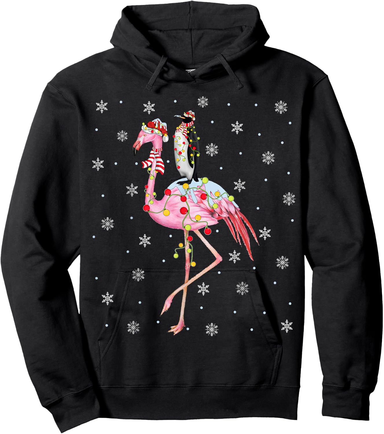 Xmas Lighting Santa Hat Flamingo Riding Penguin Christmas Hoodie - Hoodie | Black