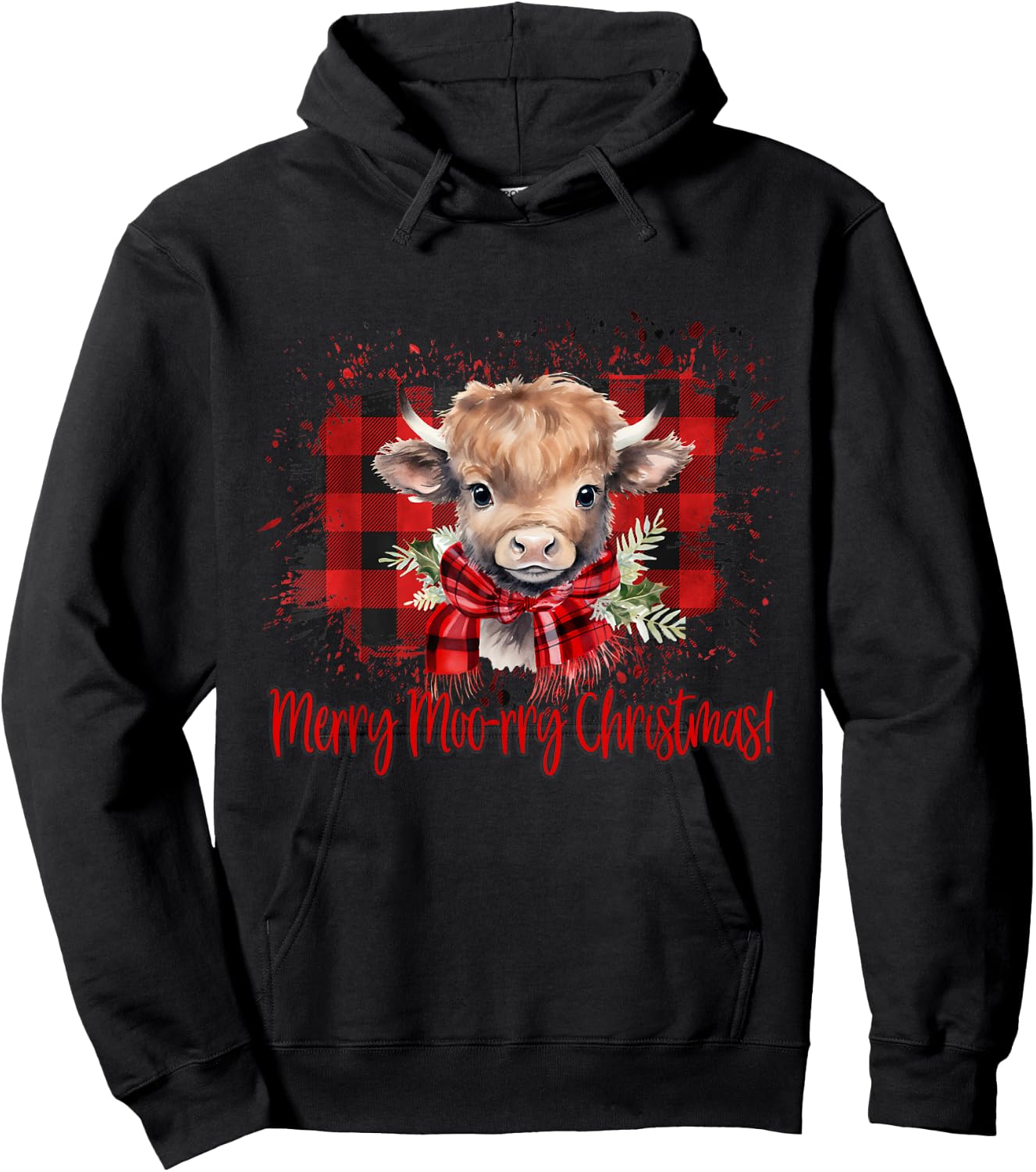 Merry Moo-rry Christmas Buffalo Plaid Highland Cow Hoodie - Hoodie | Black