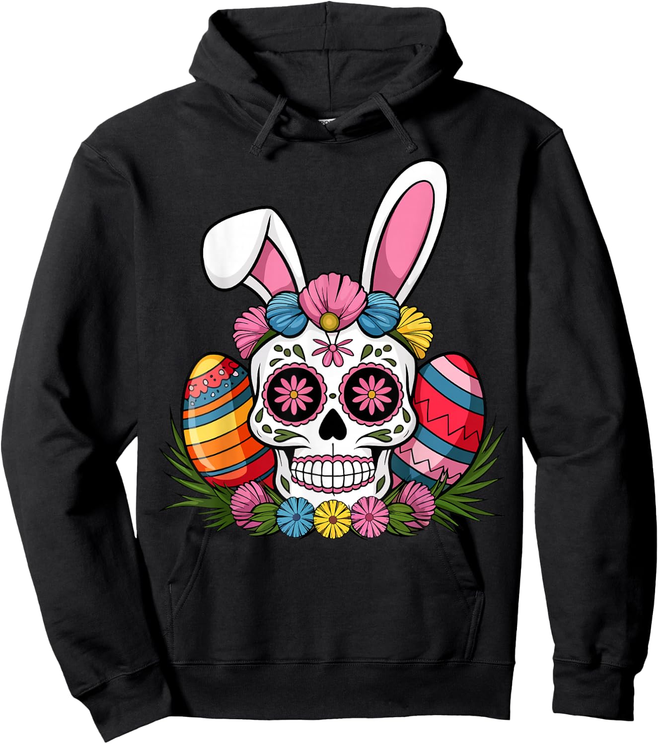 Sugar Skull Bunny Rabbit Ears Mexican Easter Day Hoodie - Hoodie | Black