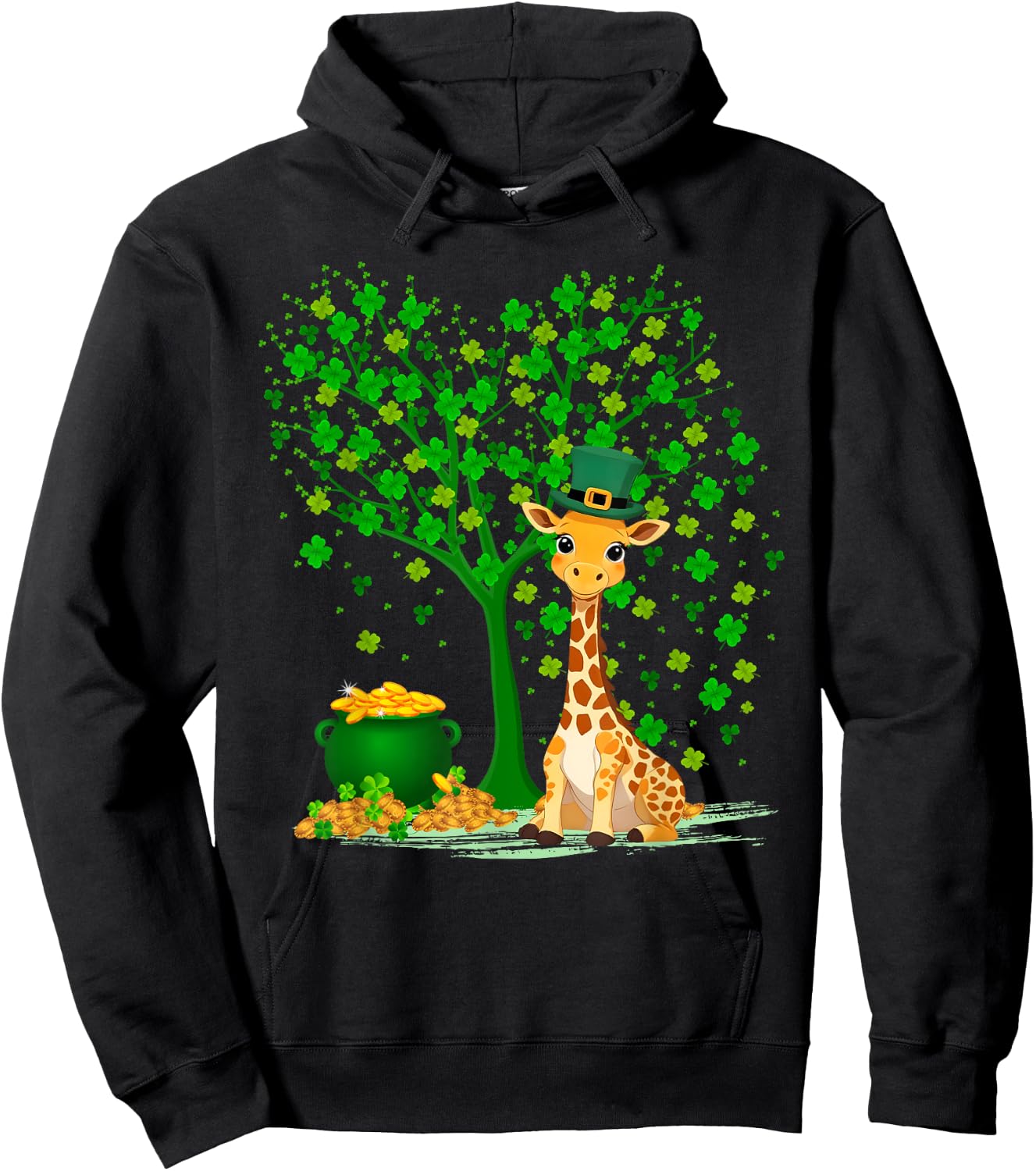 Shamrock Tree Leprechaun Hat Giraffe St Patrick's Day Hoodie - Hoodie | Black