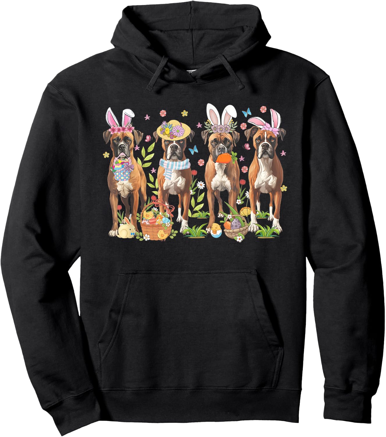 Easter Boxer Bunnies Floral Boxer Dogs Easter Day Hoodie - Hoodie | Black