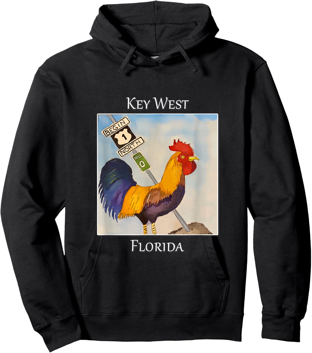Rooster and Mile Marker 0 Famous in Key West, Florida Hoodie - Hoodie | Black