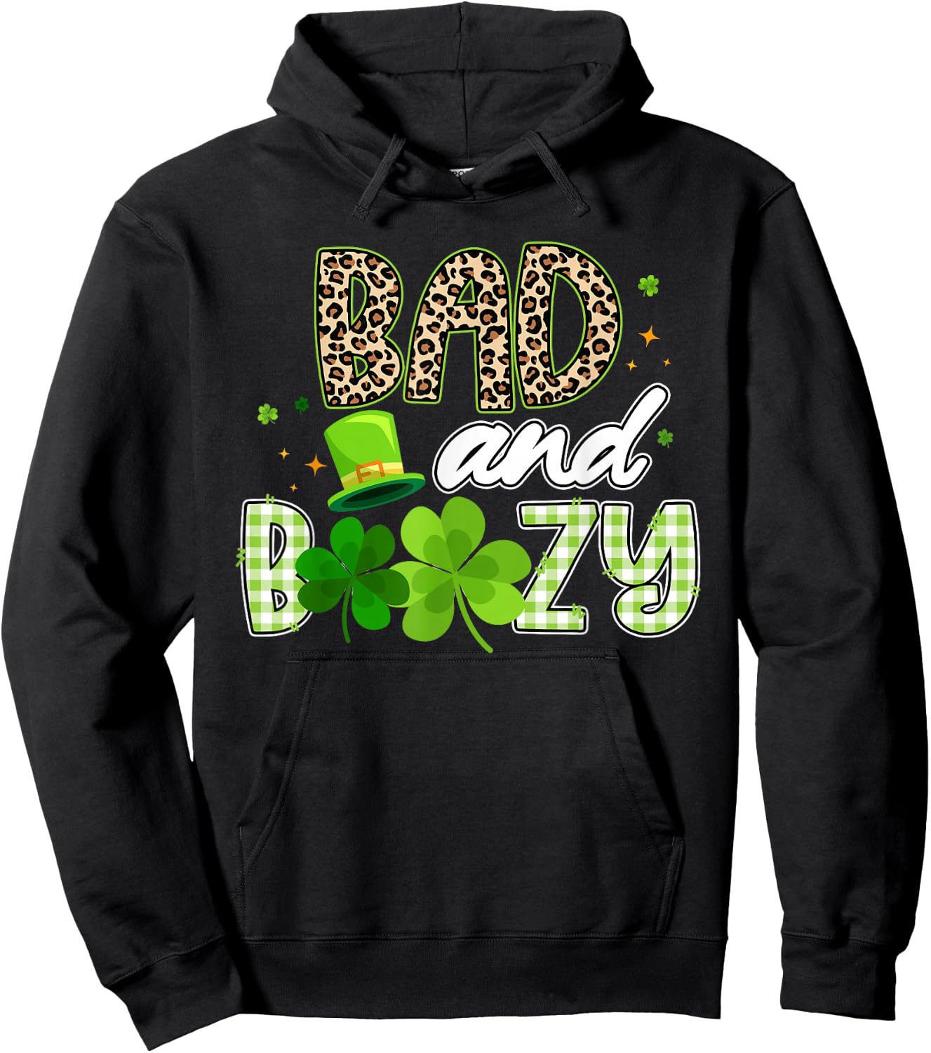 Bad and Boozy Leopard Green Plaid Shamrocks St Patricks Day Hoodie - Hoodie | Black