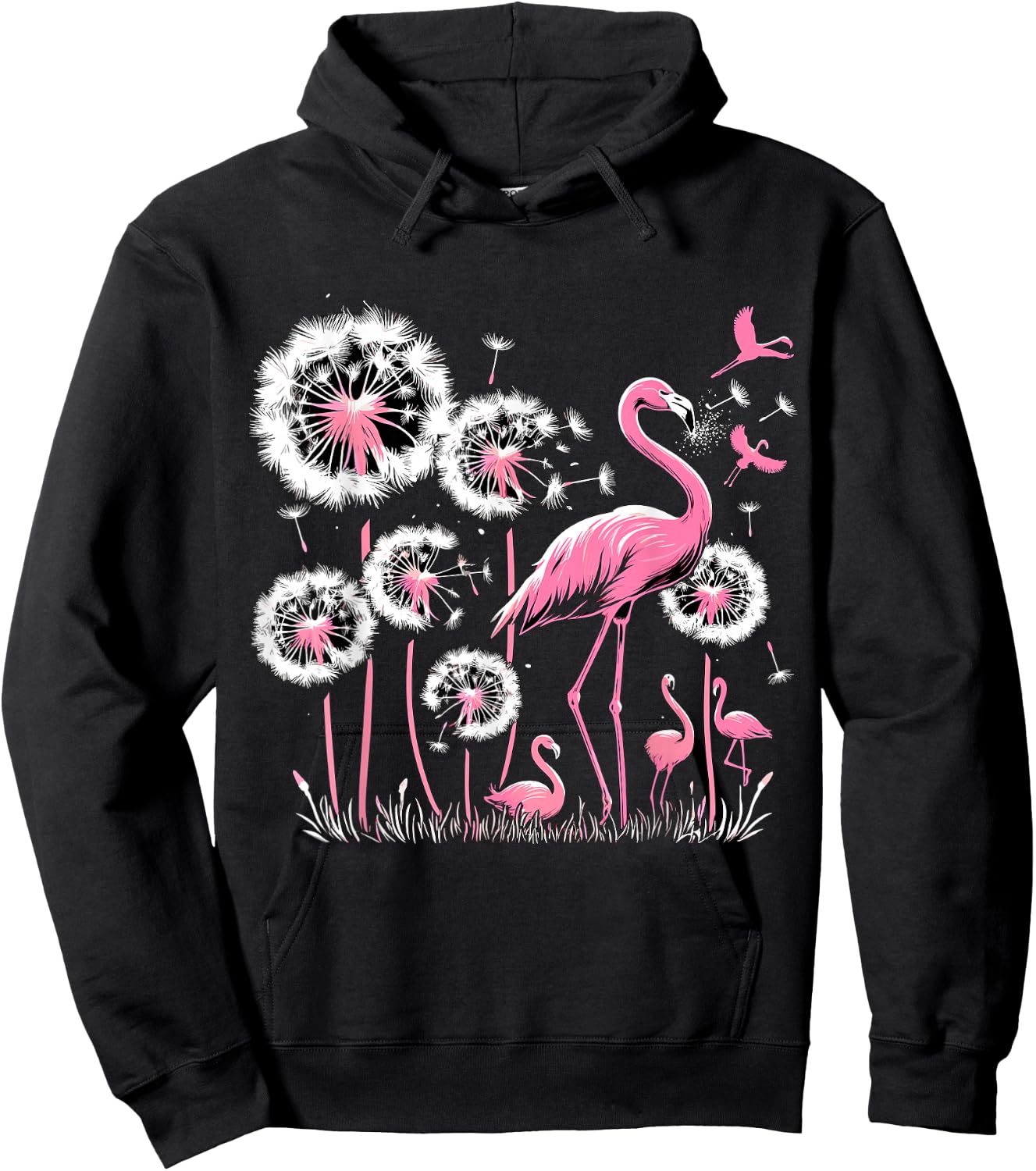 Flamingo and Dandelion Flower , Small, Black Hoodie - Hoodie | Black