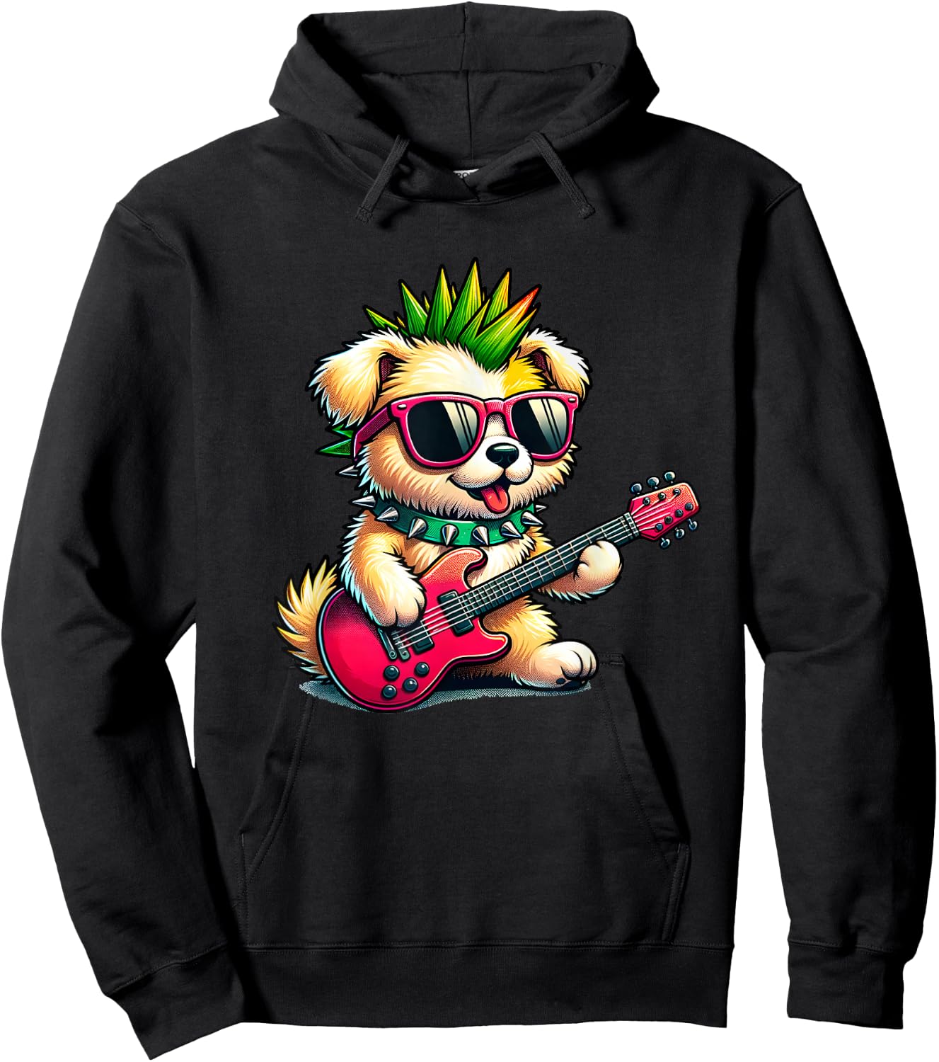 Cute Punk Puppy, Rock'n Roll Goth Dog, Guitar Band Funny Hoodie - Hoodie | Black