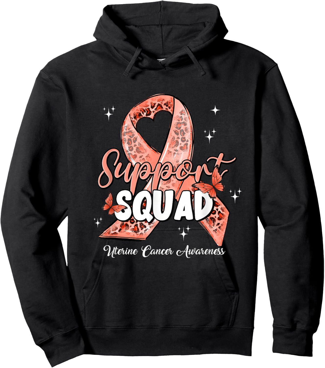Support Squad Butterfly Peach Ribbon Uterine Cancer Gifts Hoodie - Hoodie | Black
