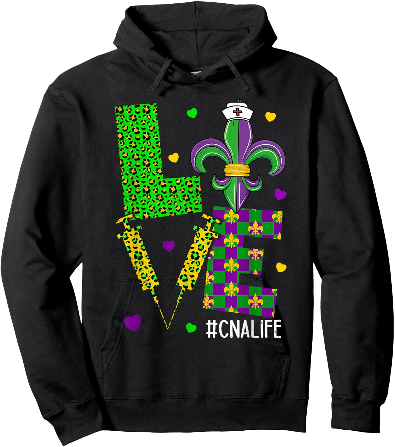 Leopard Love CNA Life Scrub Nurse Mardi Gras Women RN ICU ER Hoodie - Hoodie | Black