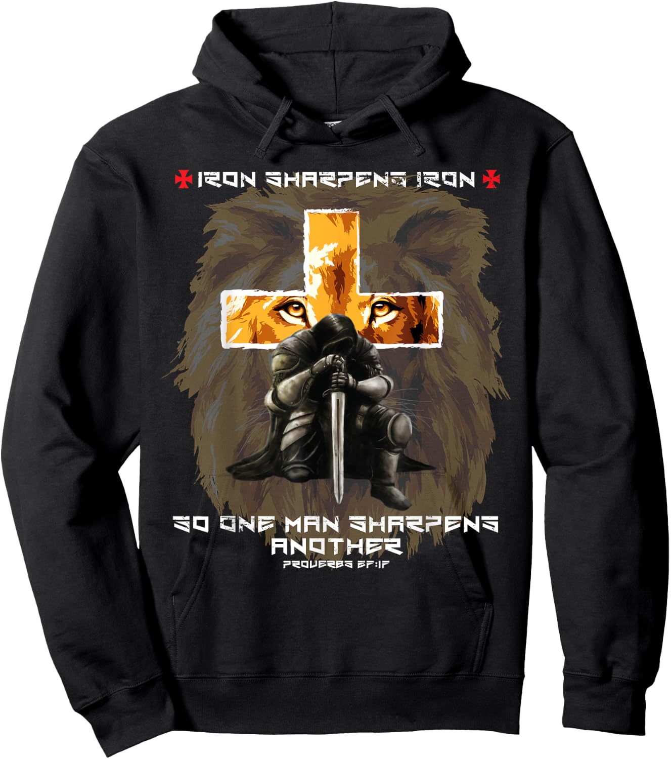 Iron Sharpens Iron Christian Saying Lion Judah Cross Graphic Hoodie - Hoodie | Black