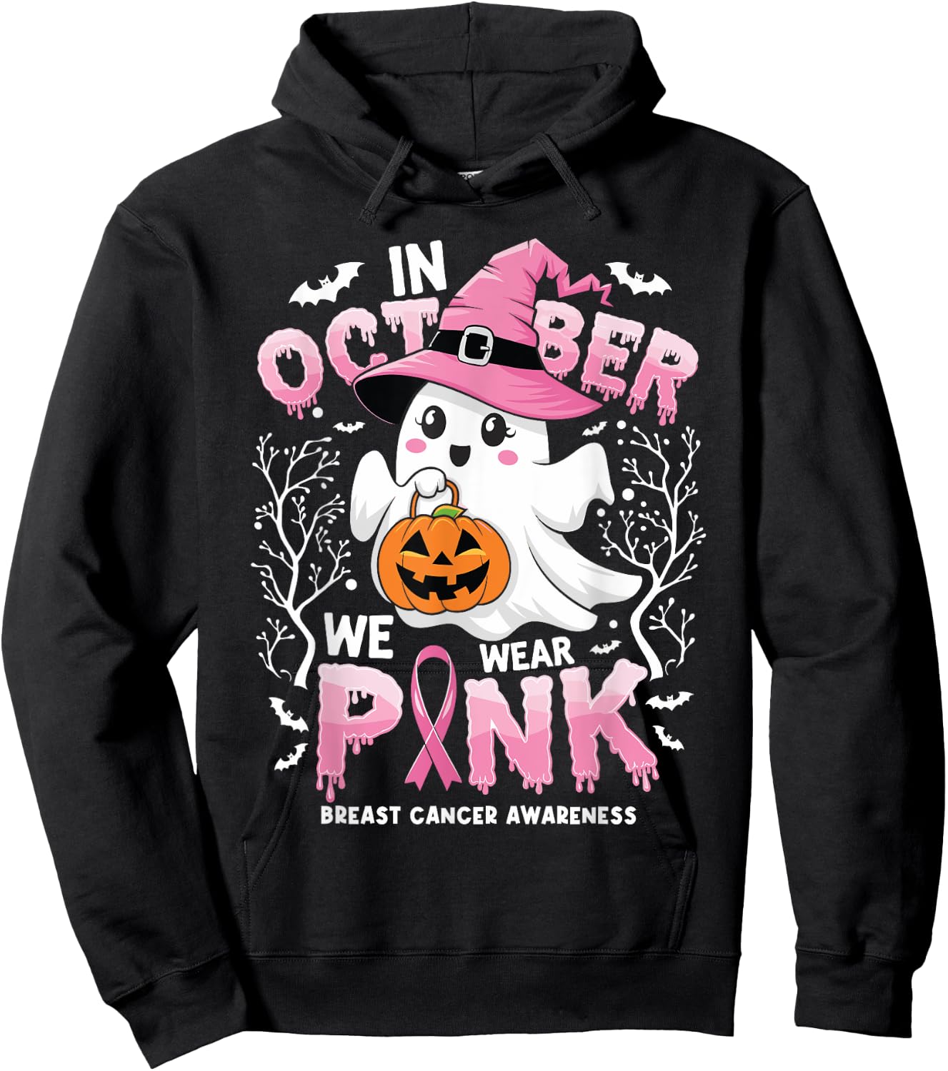 In October We Wear Pink Ghost Witch Breast Cancer Awareness Hoodie - Hoodie | Black