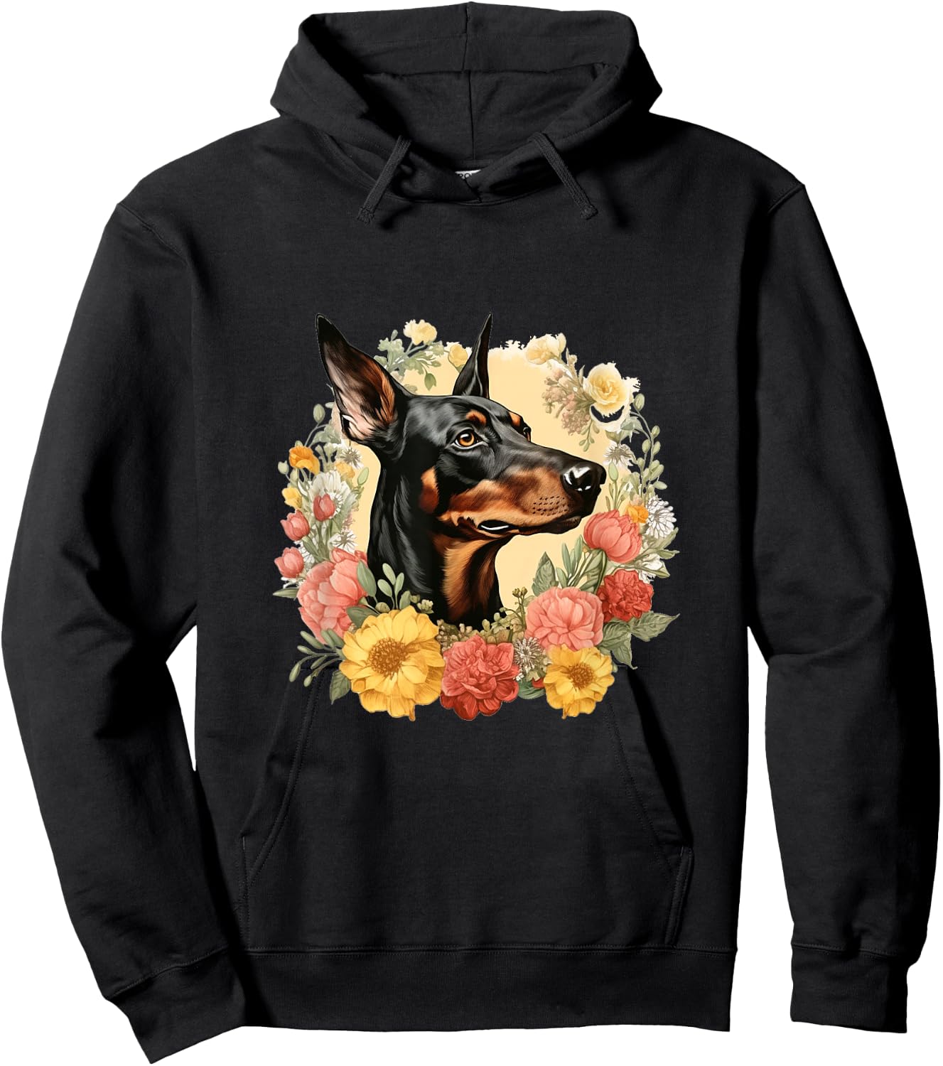Doberman Pinscher Dog With Flowers Vintage Floral Border Hoodie - Hoodie | Black