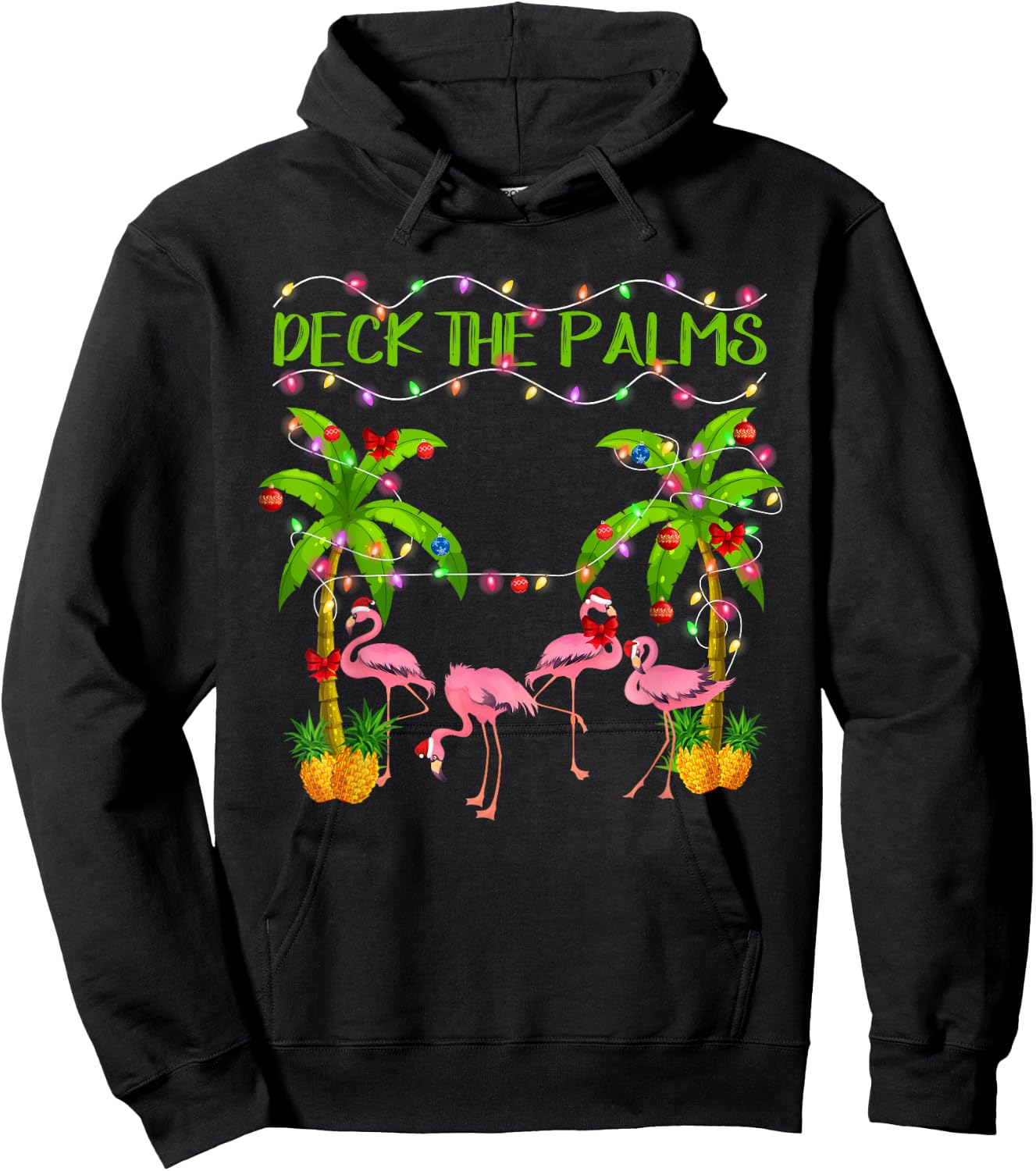 Deck the Palms Flamingo Lover Merry Christmas Pink Xmas Hoodie - Hoodie | Black