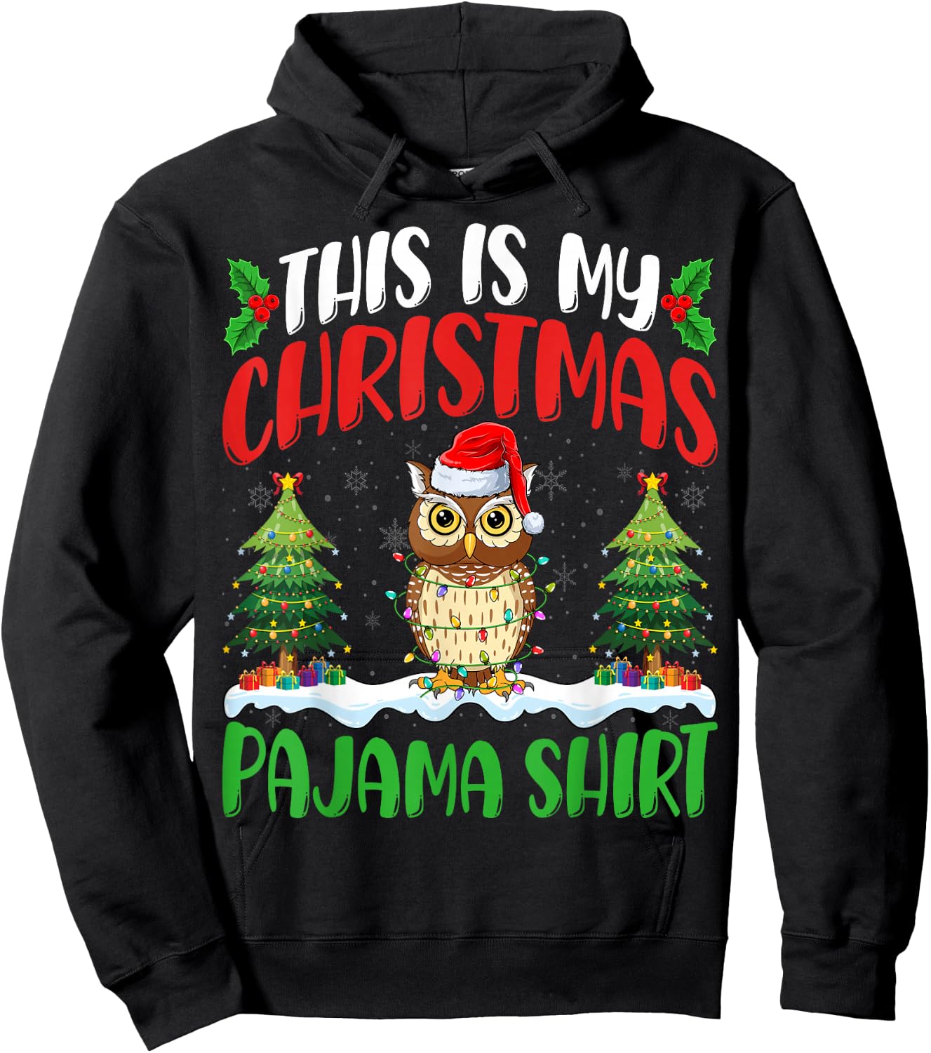 Owl Birds Christmas Pajama Shirt Xmas Tree Lights Owl Lover Hoodie - Hoodie | Black