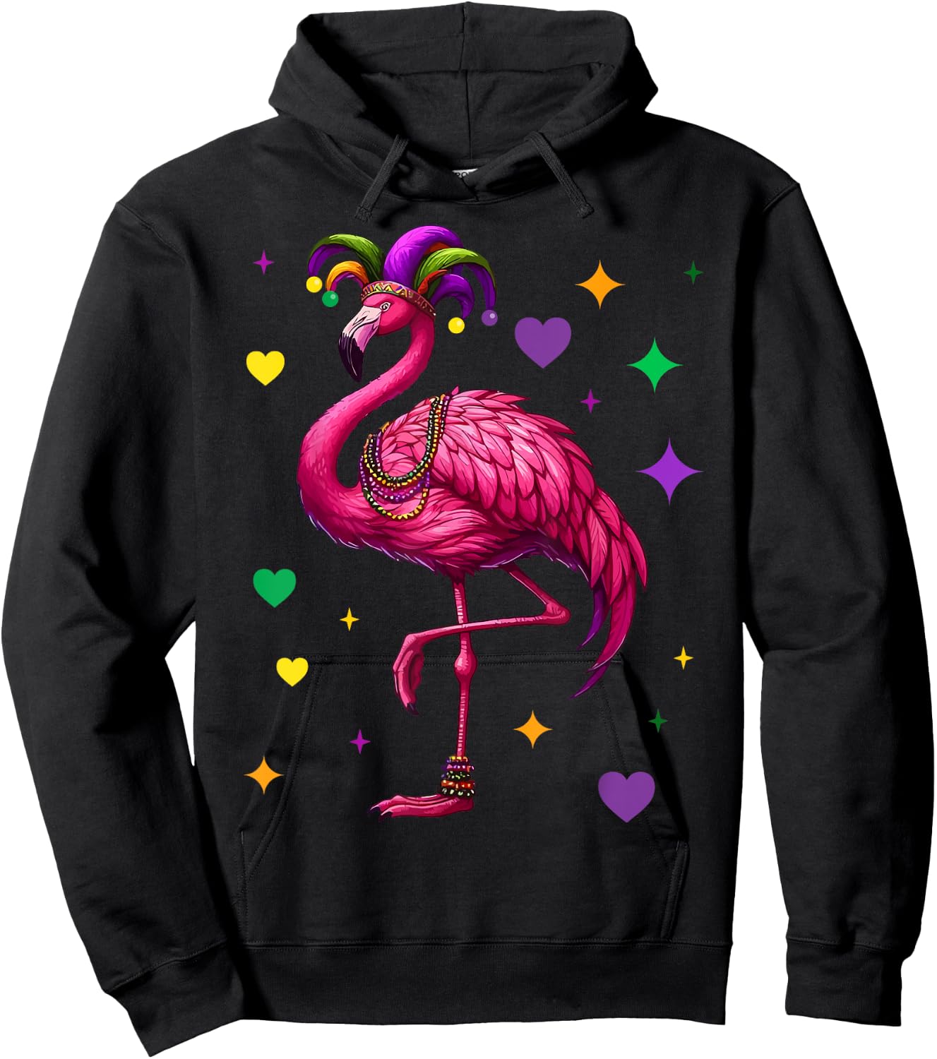 Flamingo Wearing Jester Hat Mardi Gras Fun Hoodie - Hoodie | Black