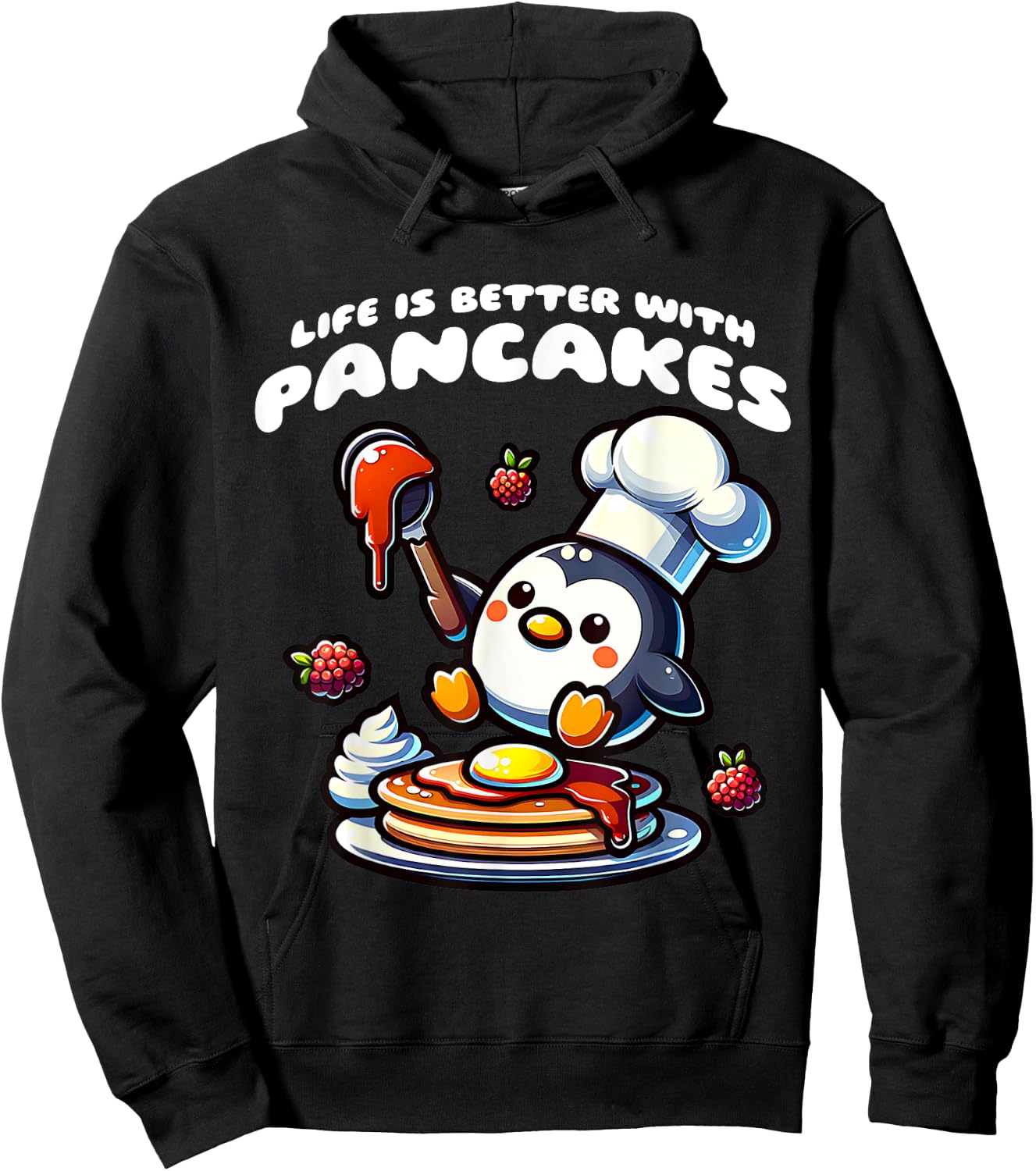 Life is Better with Pancakes Penguin Funny Breakfast Food Hoodie - Hoodie | Black