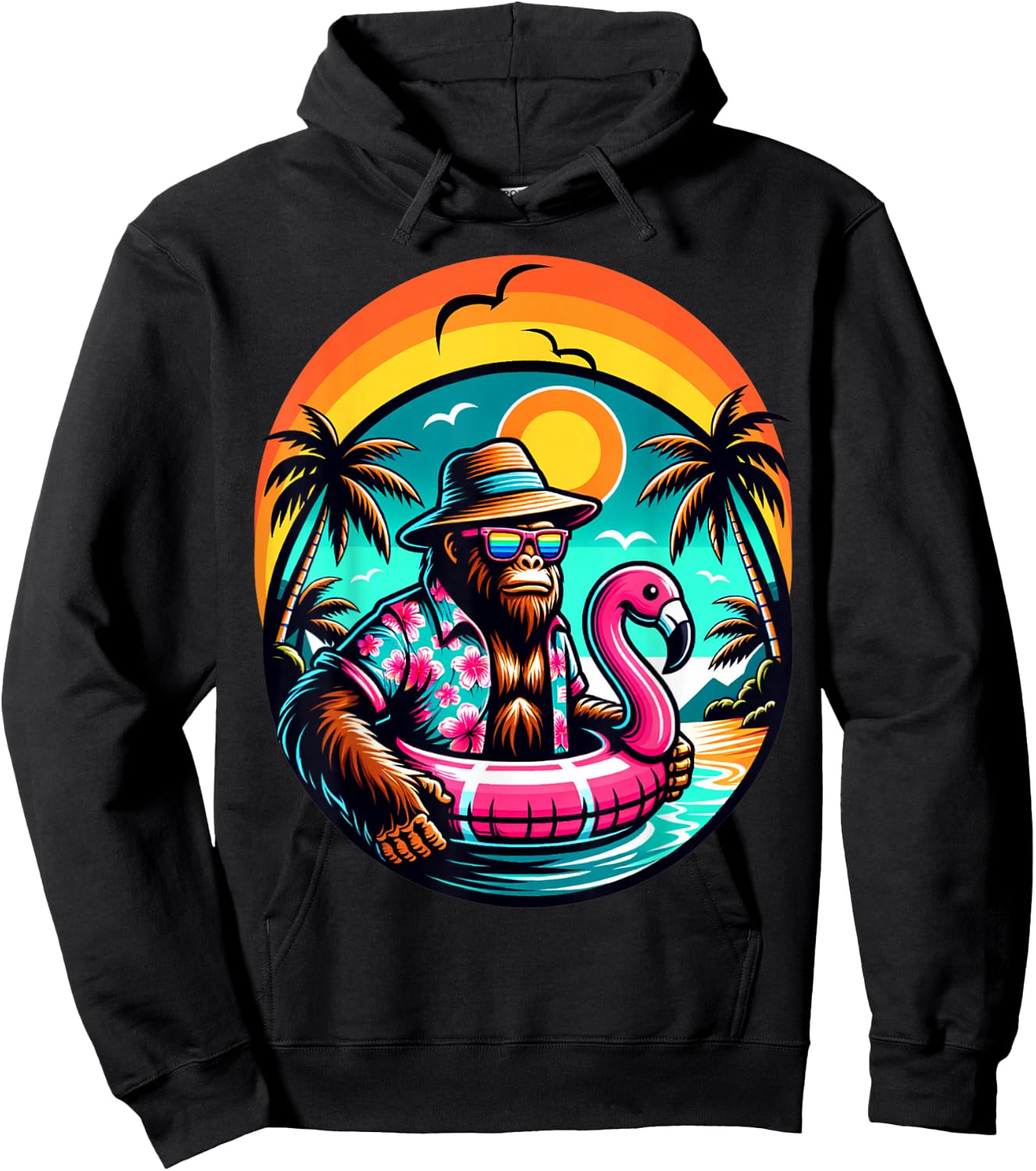 Bigfoot Pink Flamingo Aloha Pool Party Hawaiian Party Hoodie - Hoodie | Black