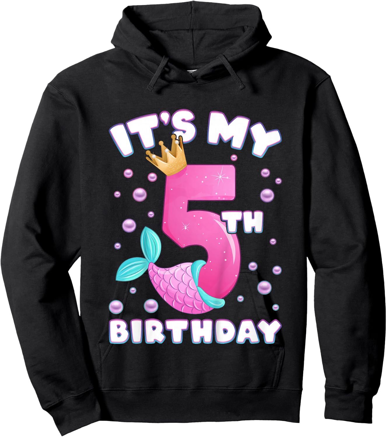 5th Birthday, Girl, Mermaid Fin, Number 5 Hoodie - Hoodie | Black
