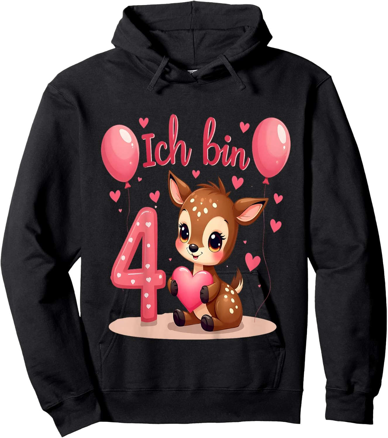 Children's Cute Deer I Am 4 Children's Birthday 4th Birthday Girl , black Hoodie - Hoodie | Black