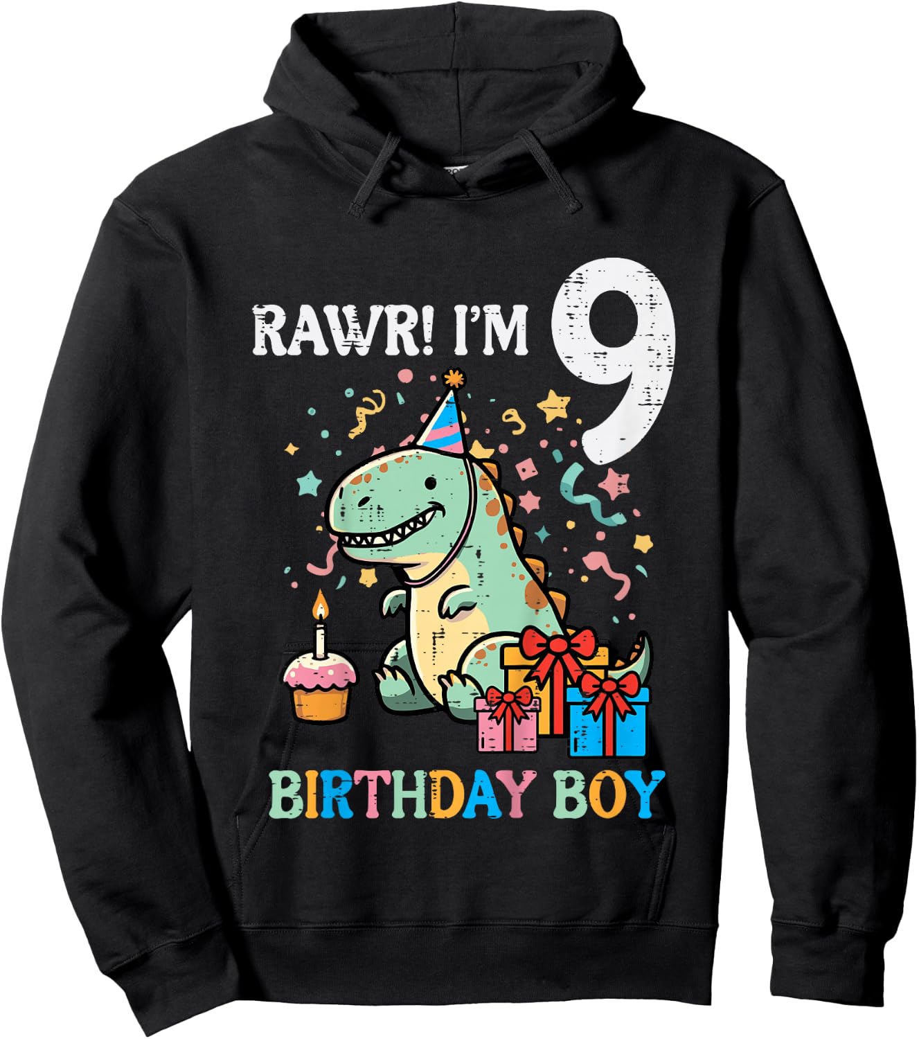Kids Rawr Im 9 Dinosaur Birthday Boy Cute 9th Bday Trex Boys Kids Hoodie - Hoodie | Black