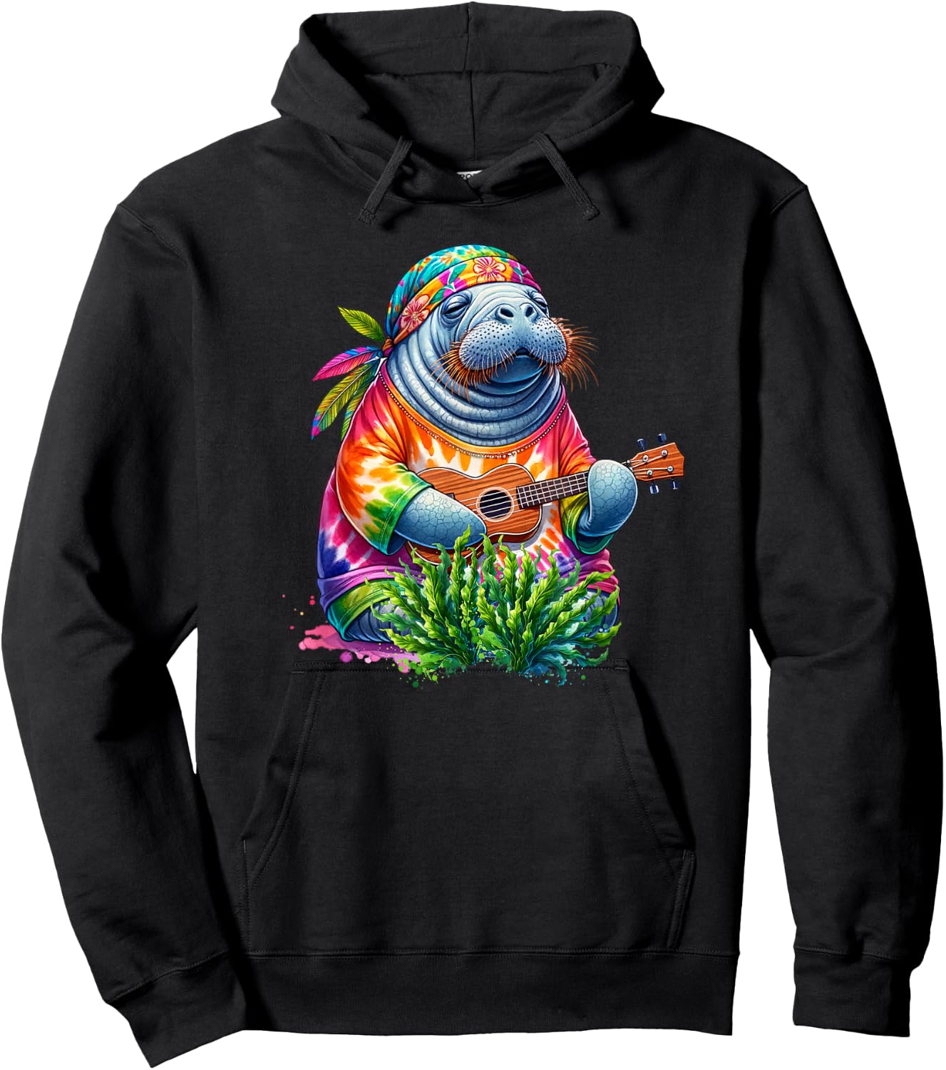 Funny Manatee Wears Hippie Tie Dye Playing Ukulele Uke Life Hoodie - Hoodie | Black