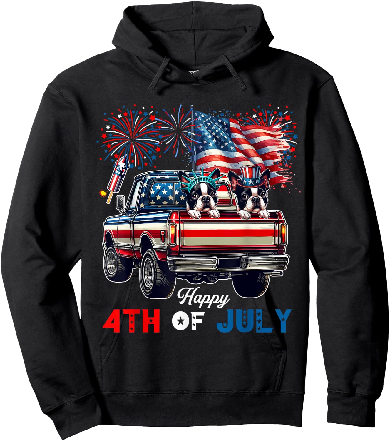 4th Of July Two Cute Boston Terriers On Pickup Truck Flag Hoodie - Hoodie | Black