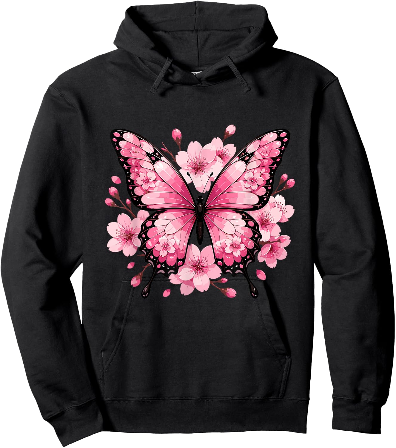 Pink Butterfly with Sakura Cherry Blossom Floral Hoodie - Hoodie | Black