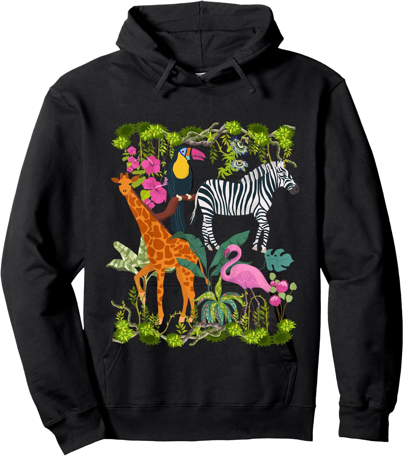 Kids Safari Animals Colourful Wildlife Jungle Zoo Giraffe Zebra Hoodie - Hoodie | Black