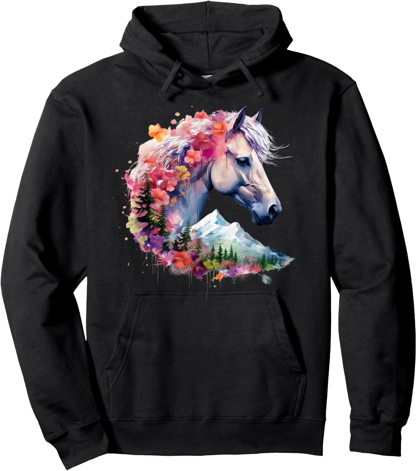 Horse Mane Flower Crown Watercolor Floral Wild Horse Hoodie - Hoodie | Black