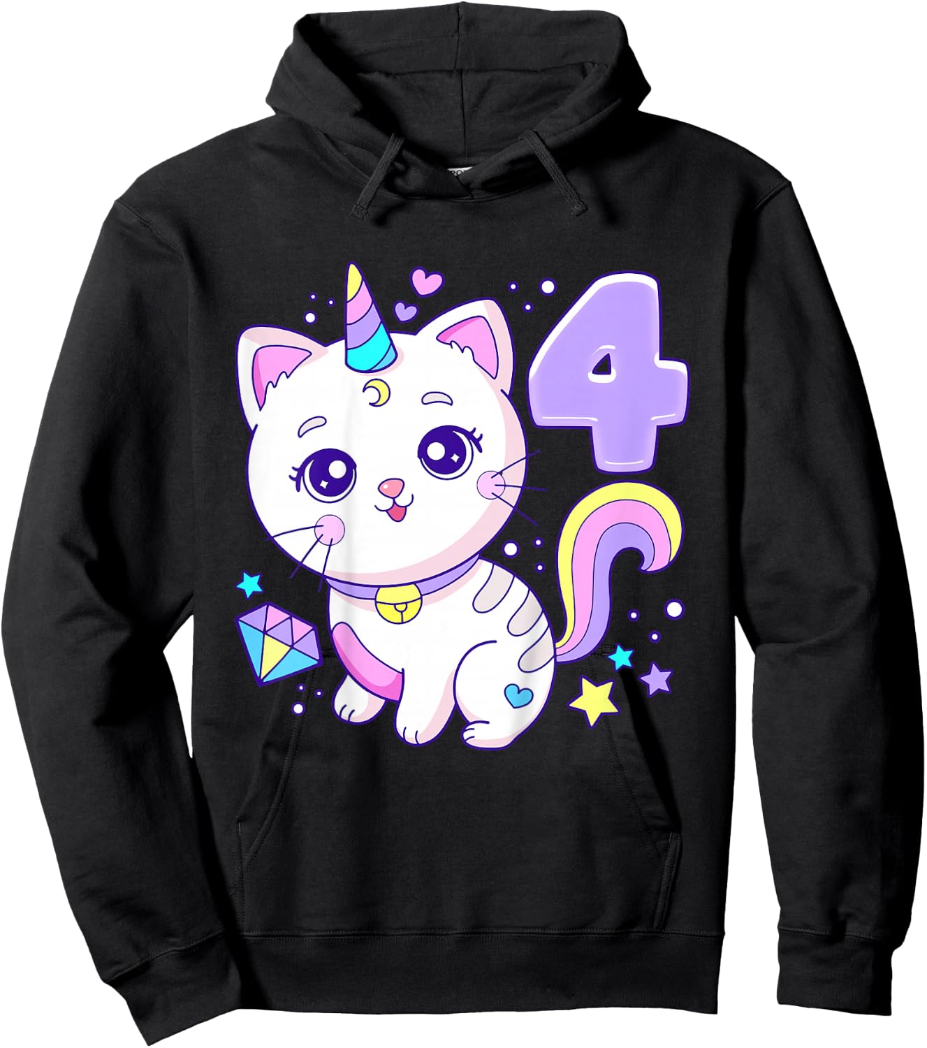 Birthday girl 4 years old, cat, unicorn, 4th birthday Hoodie - Hoodie | Black