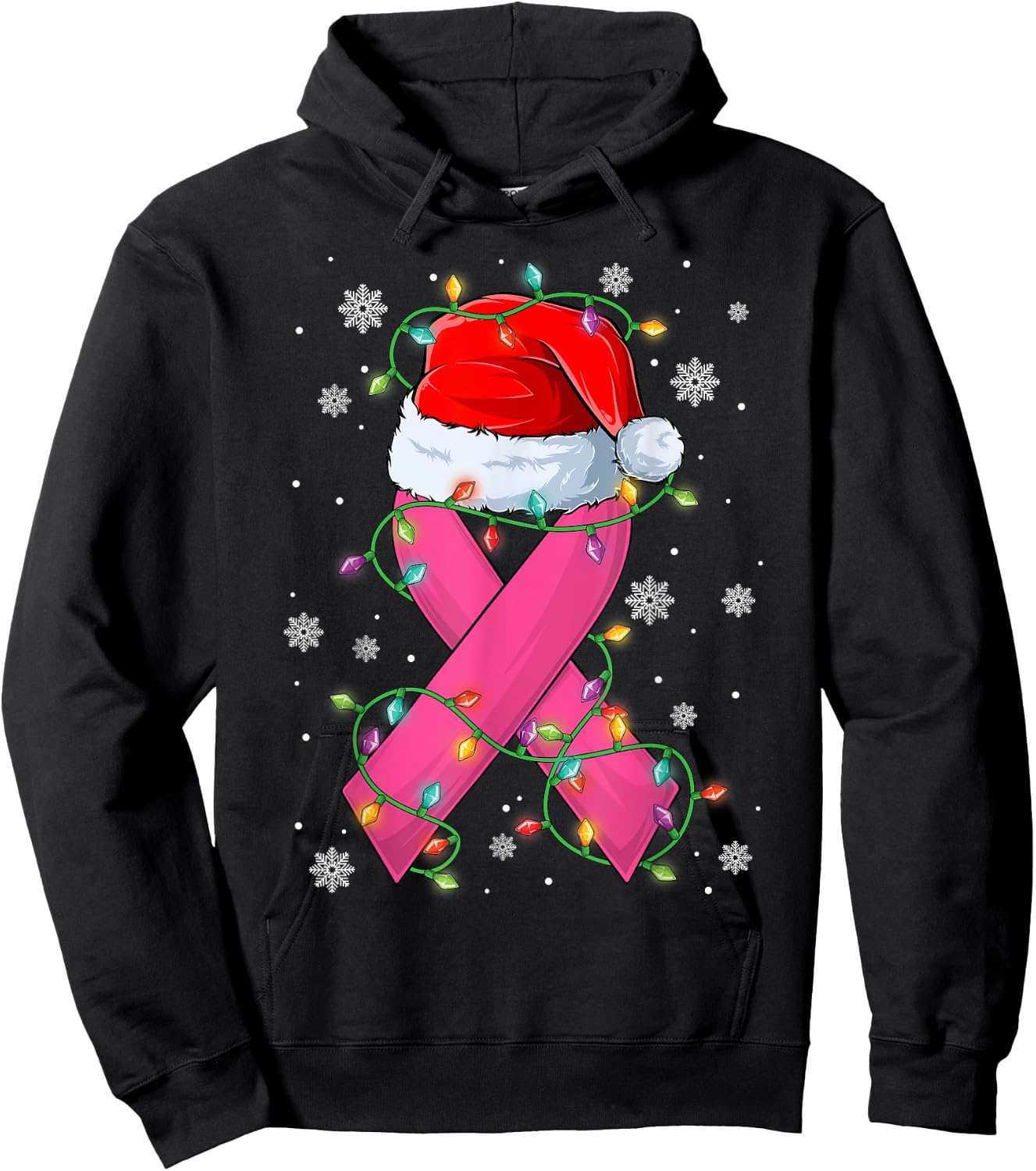Pink Ribbon Santa Hat Christmas Tree Lights Breast Cancer Hoodie - Hoodie | Black
