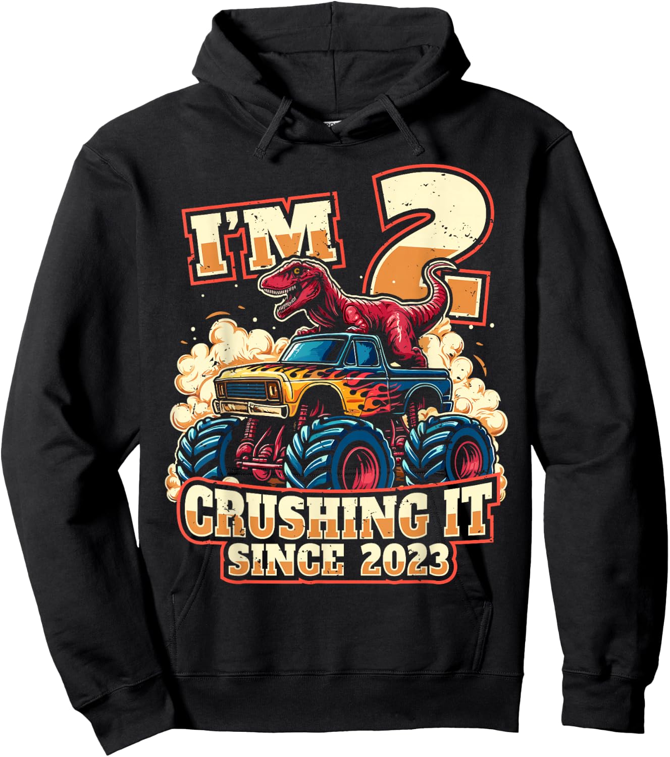 2nd Birthday Dinosaur Monster Truck - Crushing It Since 2023 Hoodie - Hoodie | Black