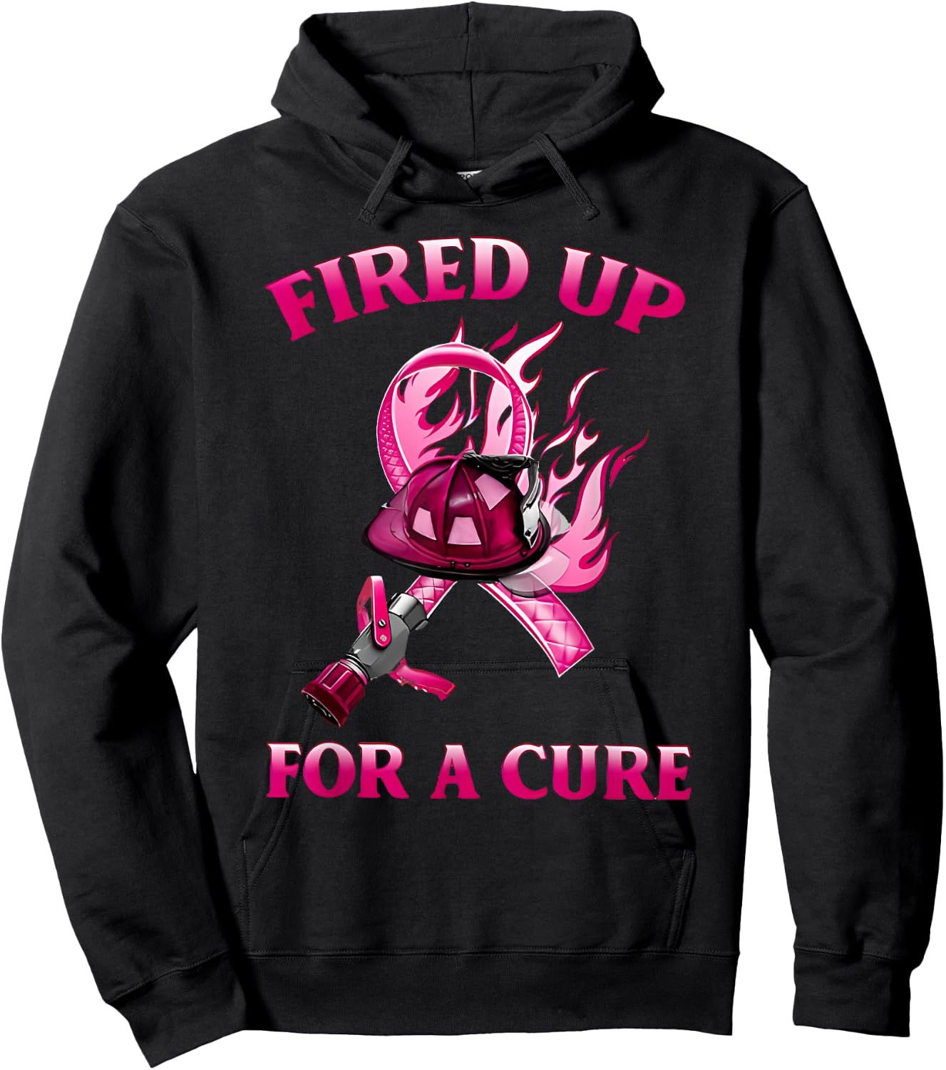 Breast Cancer Fired Up for a Cure Cute Pink Ribbon Fireman Hoodie - Hoodie | Black