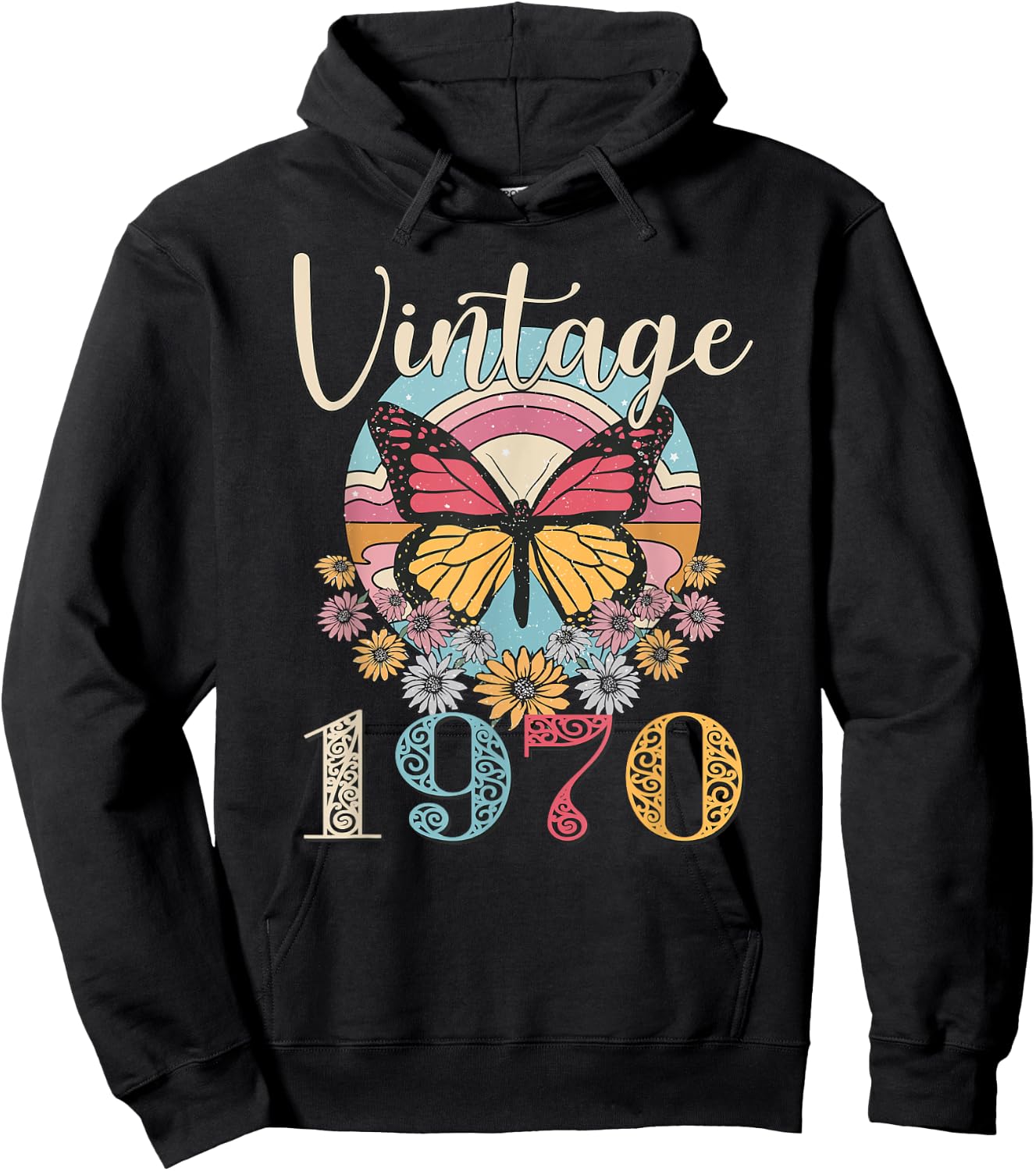 Vintage 52th 1970 Butterfly Floral Birthday Women Mom Gifts Hoodie - Hoodie | Black