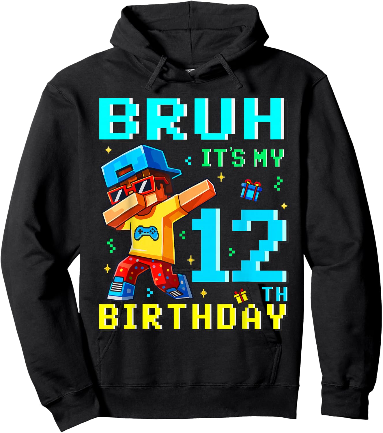 12 Years Birthday Boy Bruh It's My 12th Birthday Game Pixel Hoodie - Hoodie | Black