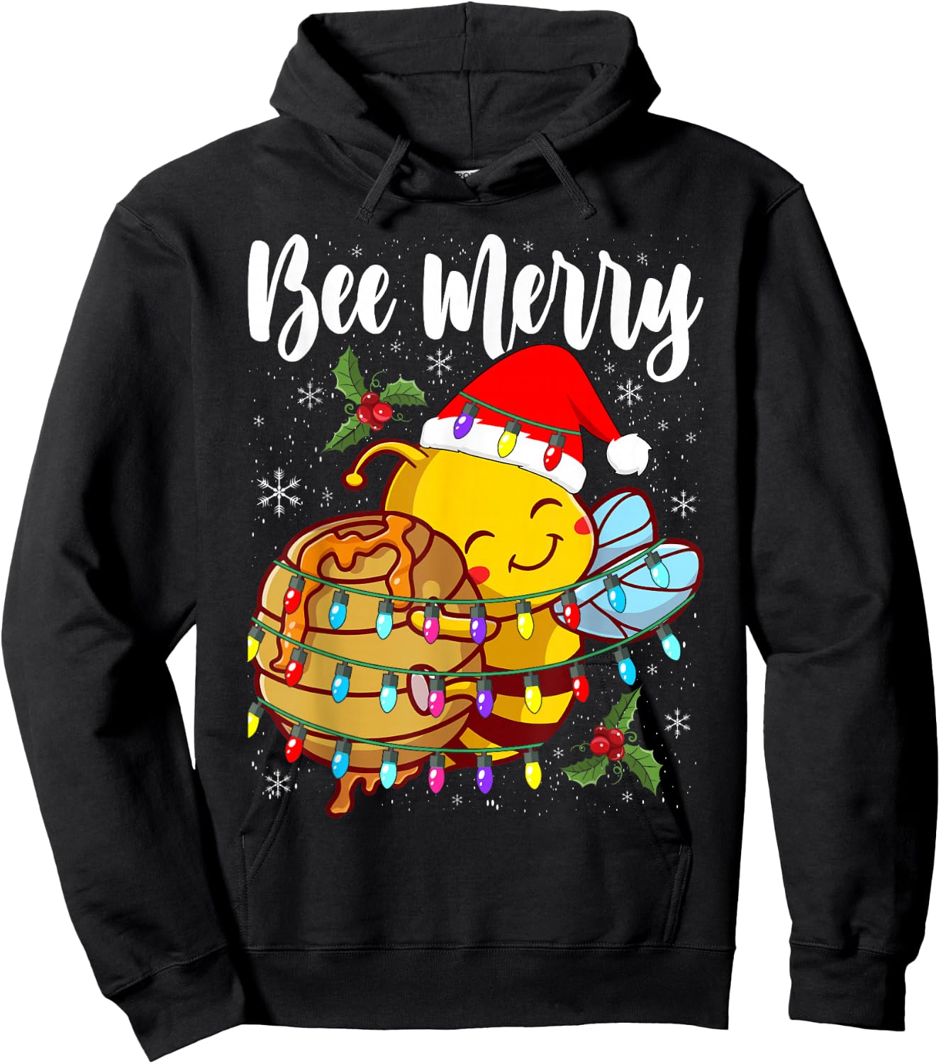 Bee Wears Santa Hat Xmas Lights Hoodie - Hoodie | Black
