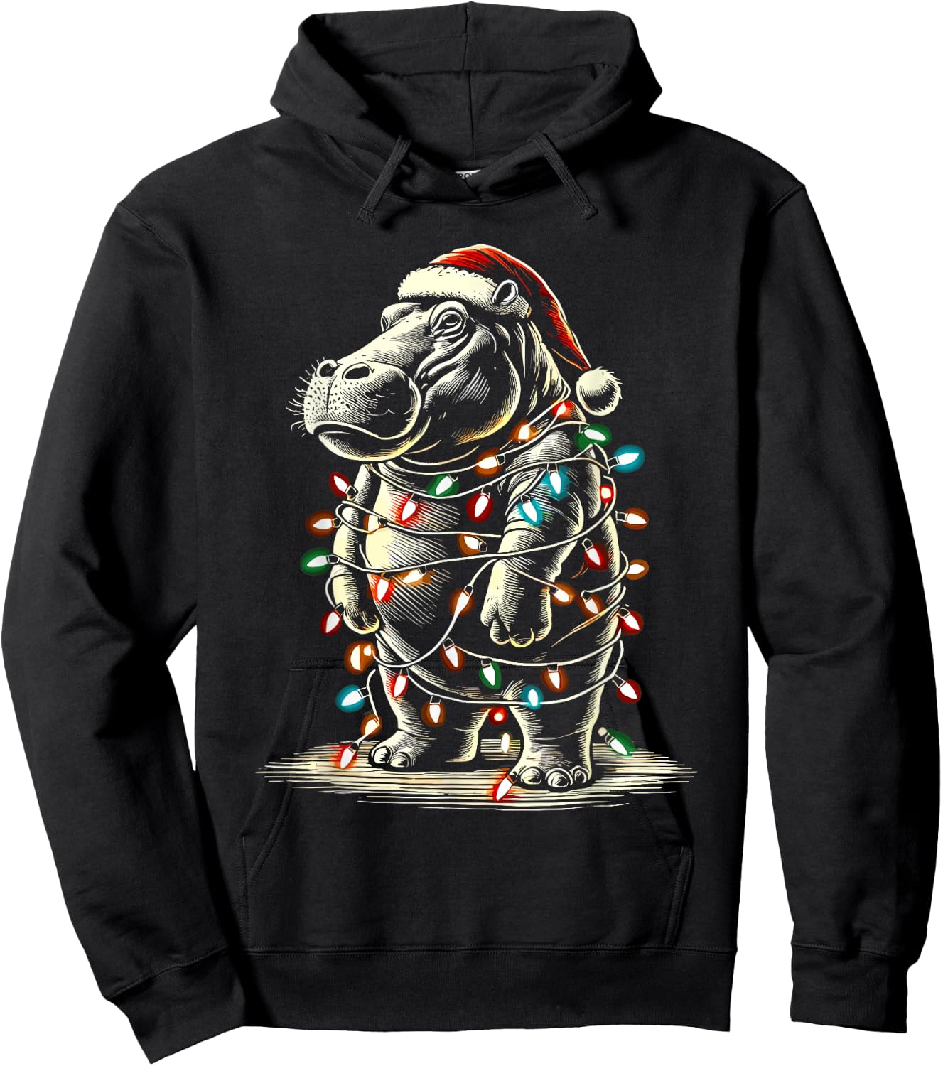 Hippopotamus Christmas Santa Hat Pajama Funny Hippo Xmas Hoodie - Hoodie | Black