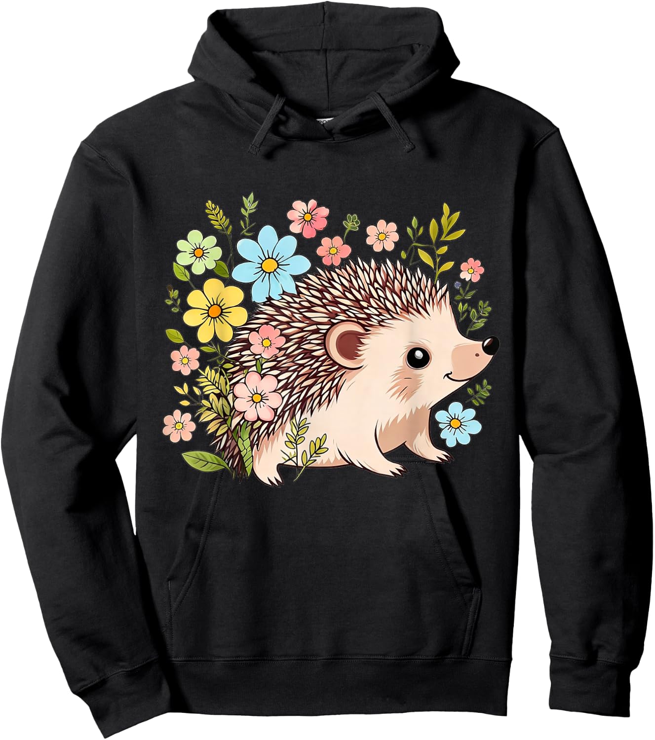 Cute Hedgehog with Flower Funny Animal Lovers Girls Women Hoodie - Hoodie | Black