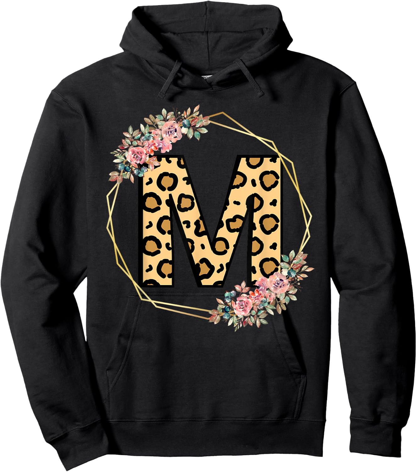 Leopard Letter M Initial Flower Monogram Girls Hoodie - Hoodie | Black
