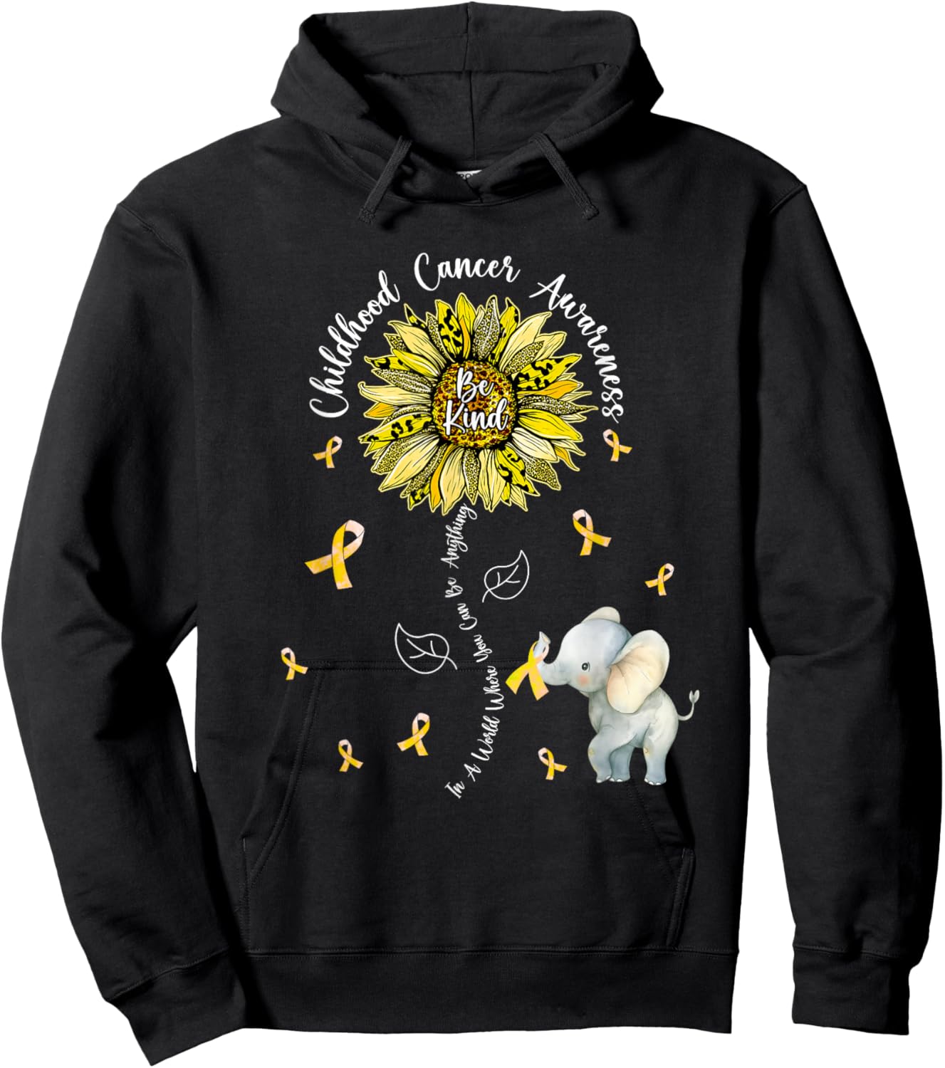 Be Kind Elephant Sunflower Childhood Cancer Awareness Hoodie - Hoodie | Black