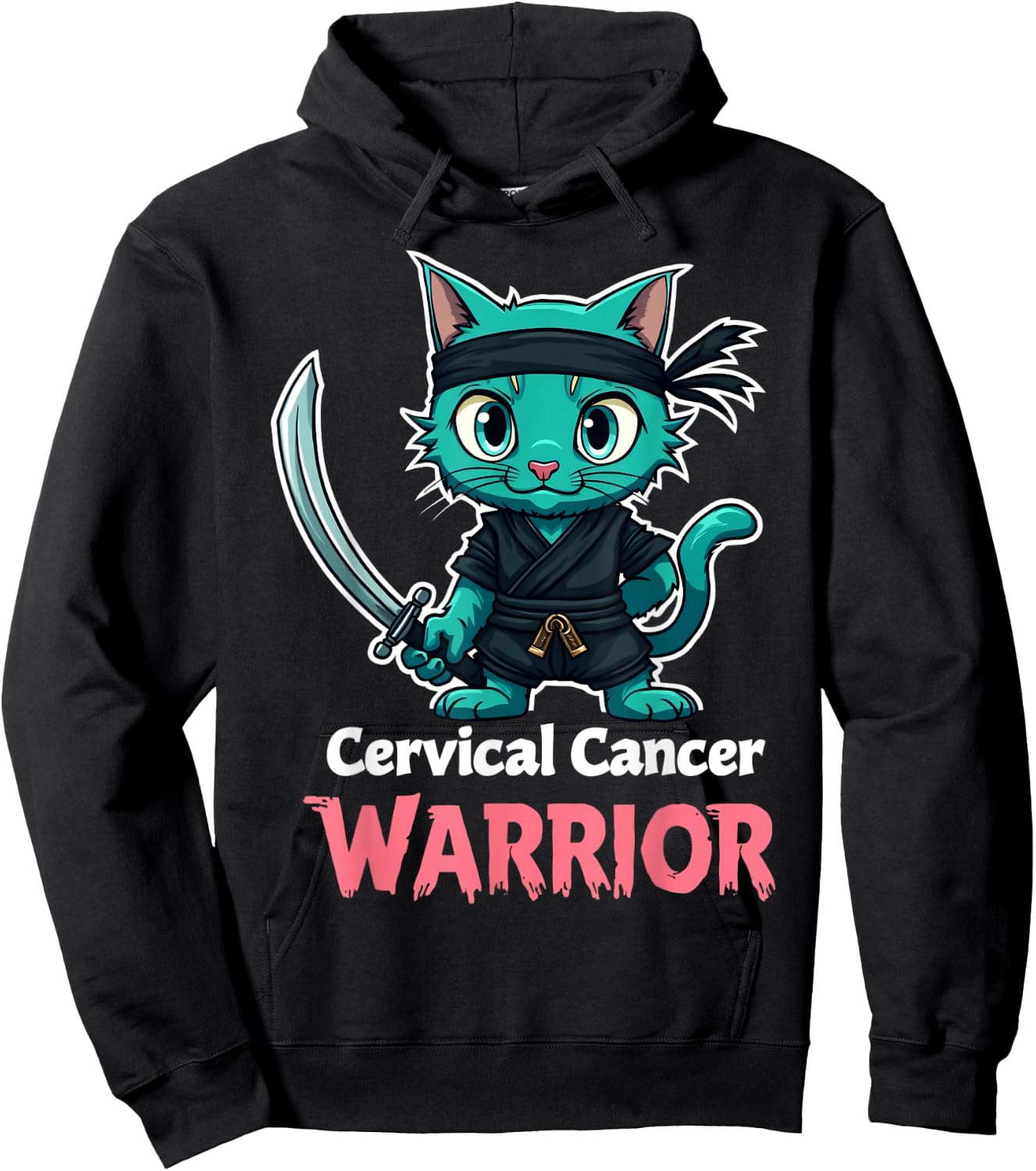 Proud Cervical Cancer Warrior Awareness Teal Ninja Cat Hoodie - Hoodie | Black